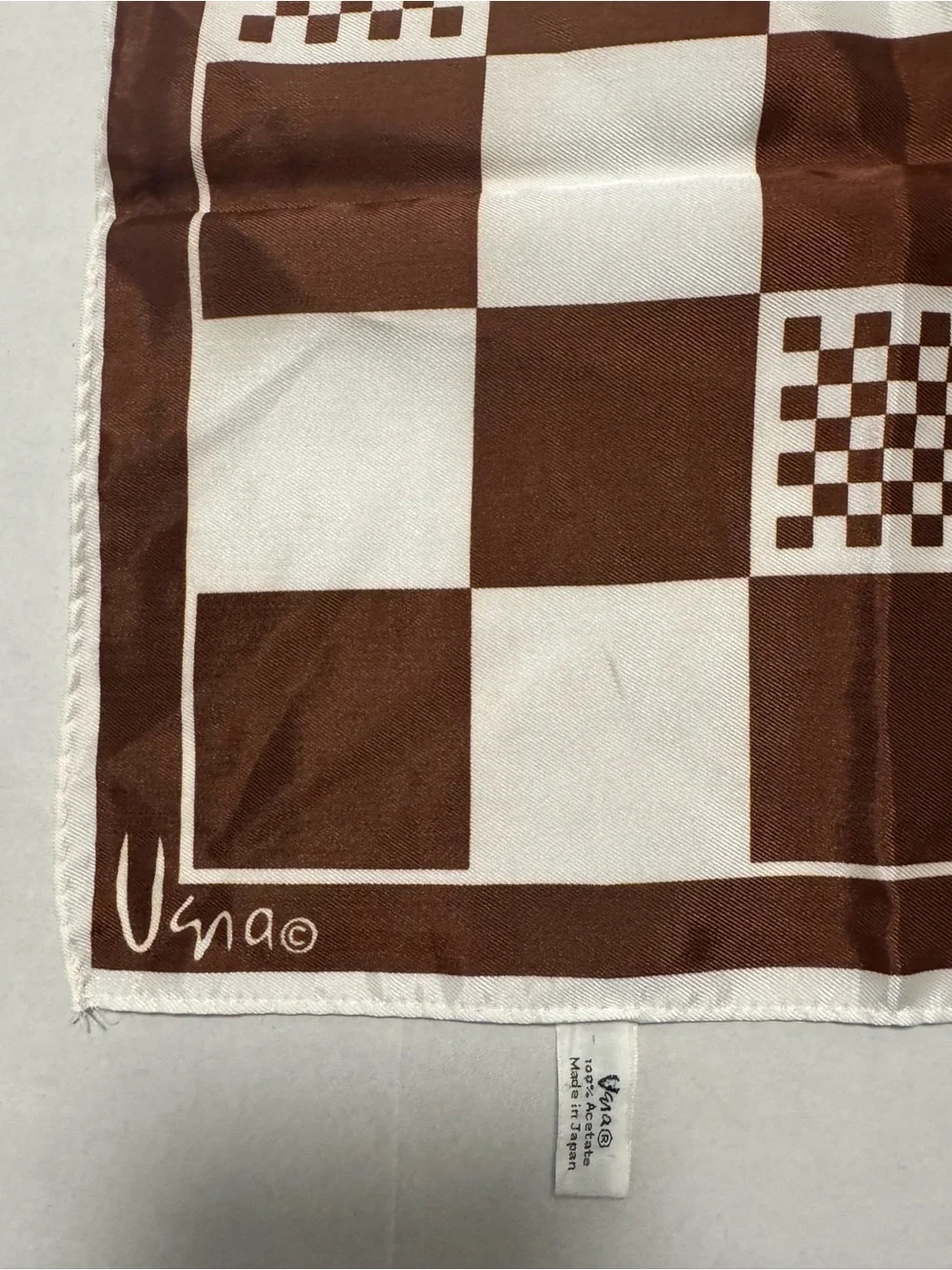 Vintage Vera Neumann Brown White Checkered Scarf 22”x22”